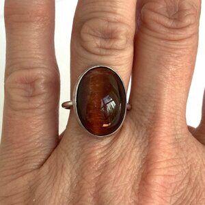 Sterling Silver 925 Oval Bezel Set 0.75" Tigers Eye Cats Eye Quartz Ring Sz 6.5